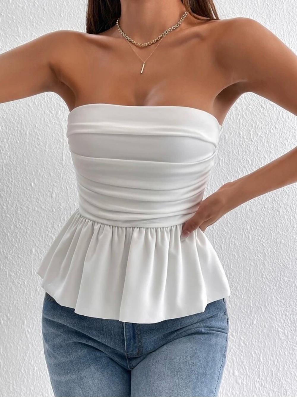 White Strapless Peplum Tube Top